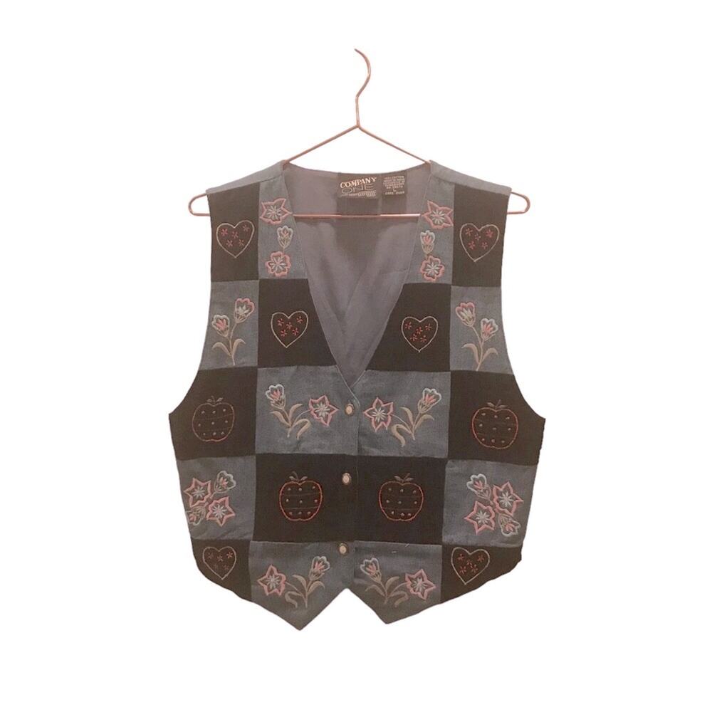 Vintage Denim Vest Velvet Patchwork Embroidery - Size Large